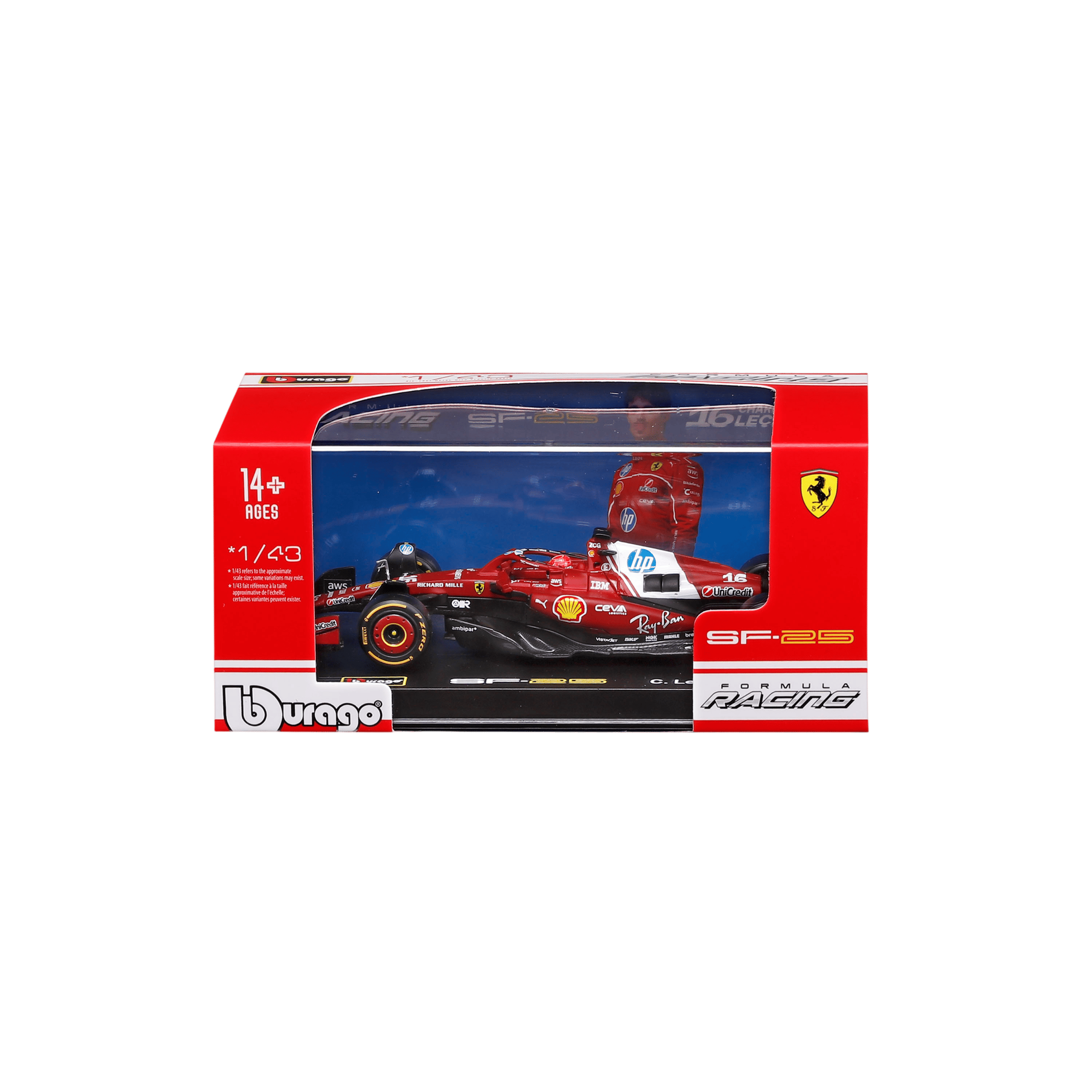 1:43 F1 Ferrari SF-25 #16 Charles Leclerc with helmet in Acrylic Box - Image 1