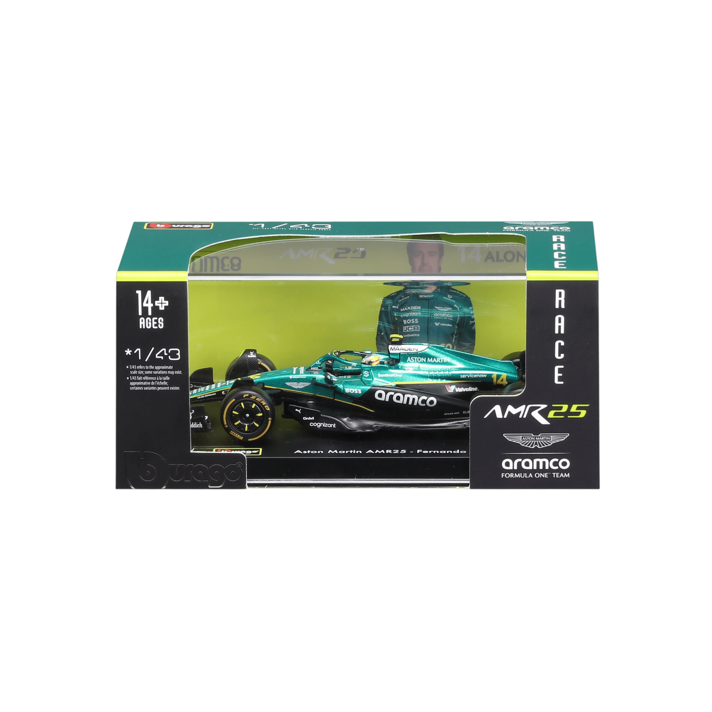 1:43 Aston Martin AMR25 #14 Fernando Alonso with helmet in Acrylic Box - Image 1