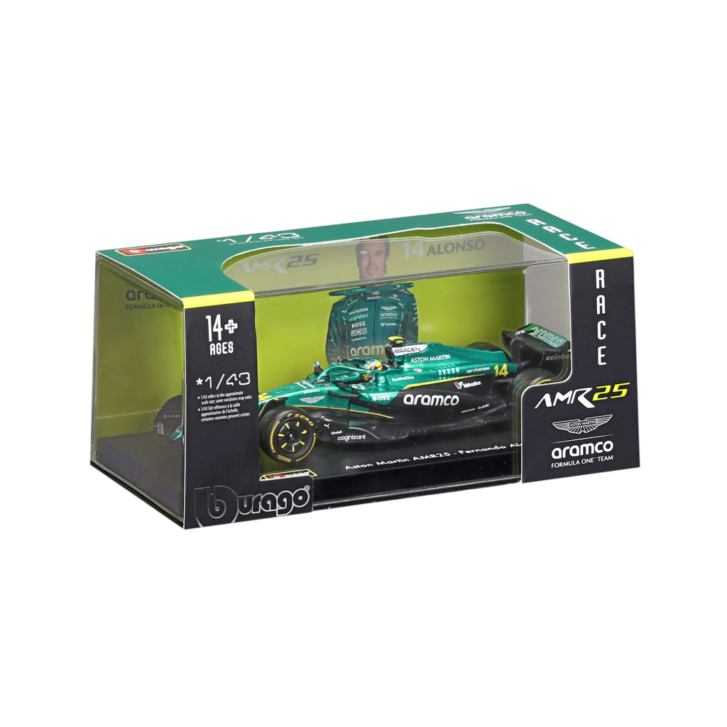 1:43 Aston Martin AMR25 #14 Fernando Alonso with helmet in Acrylic Box