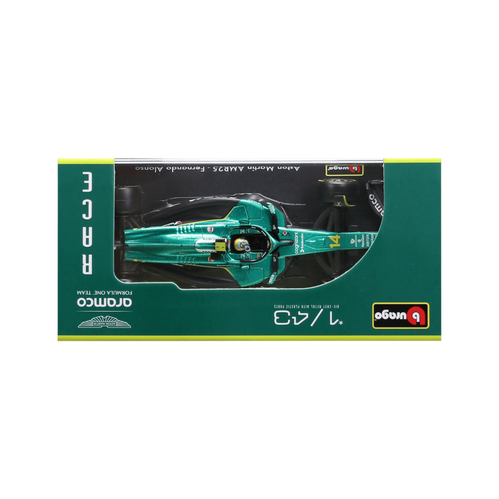 1:43 Aston Martin AMR25 #14 Fernando Alonso with helmet in Acrylic Box