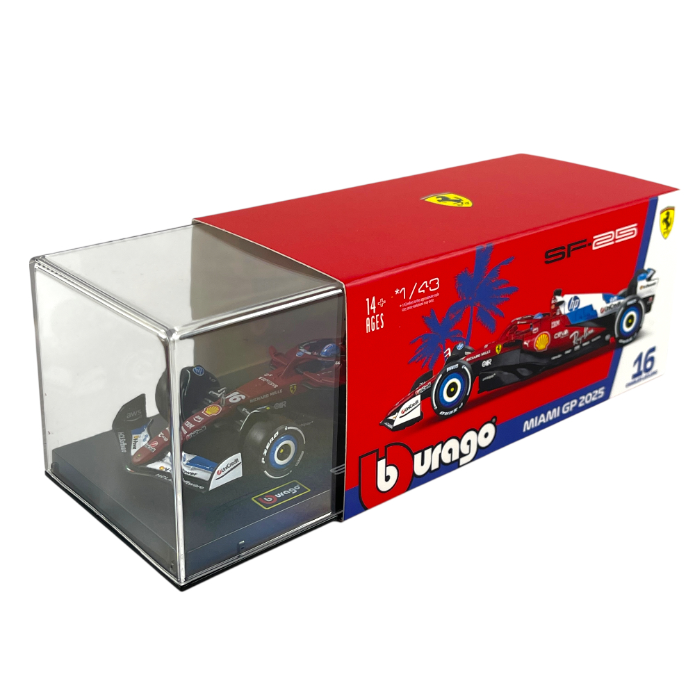 1:43 F1 2025 – Ferrari SF25 Special MiamiGP Livery #16 Charles Leclerc in Acrylic Box