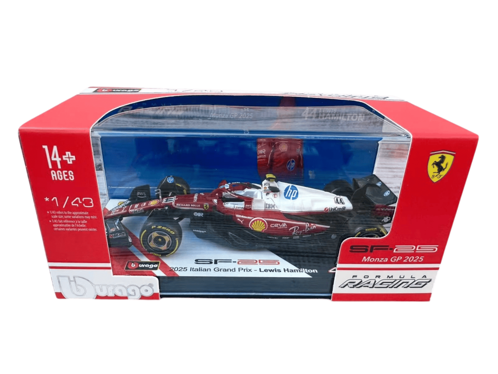 1:43 F1 2025 - Ferrari SF25 Special MonzaGP Livery #44 Lewis Hamilton in Acrylic Box Special Stand