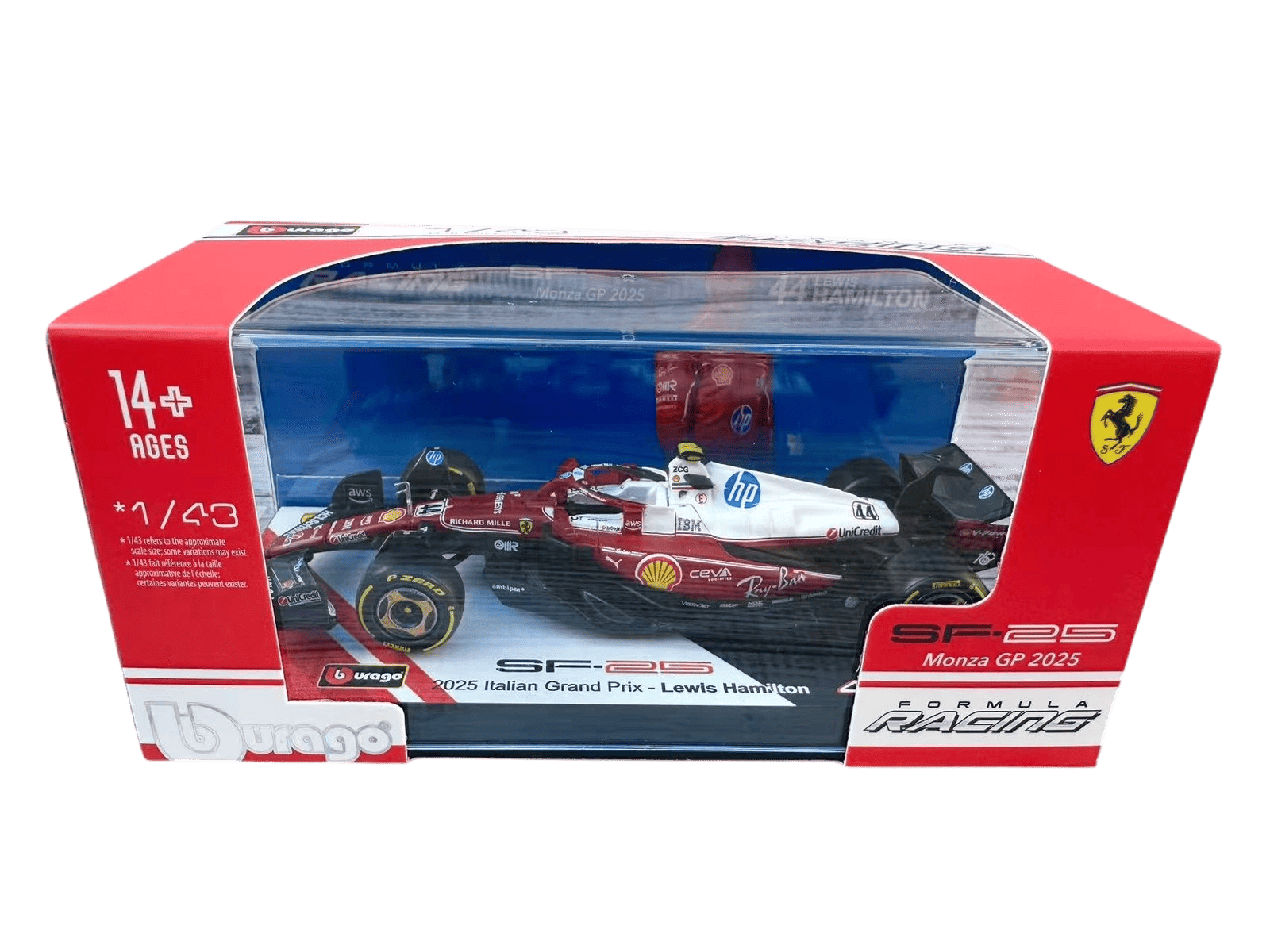 1:43 F1 2025 - Ferrari SF25 Special MonzaGP Livery #44 Lewis Hamilton in Acrylic Box Special Stand - Image 4