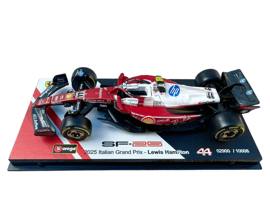 1:43 F1 2025 - Ferrari SF25 Special MonzaGP Livery #44 Lewis Hamilton in Acrylic Box Special Stand