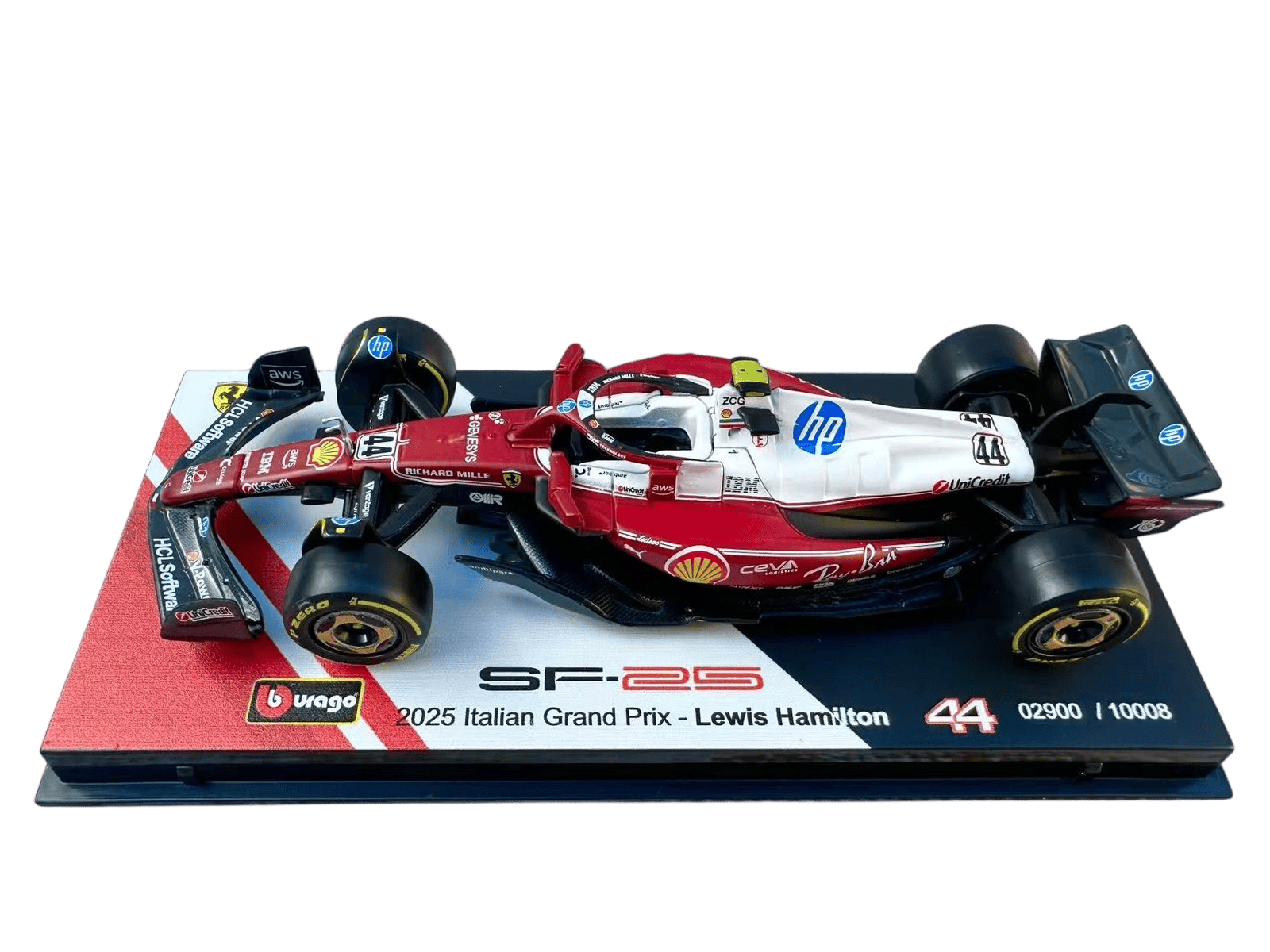 1:43 F1 2025 - Ferrari SF25 Special MonzaGP Livery #44 Lewis Hamilton in Acrylic Box Special Stand - Image 2