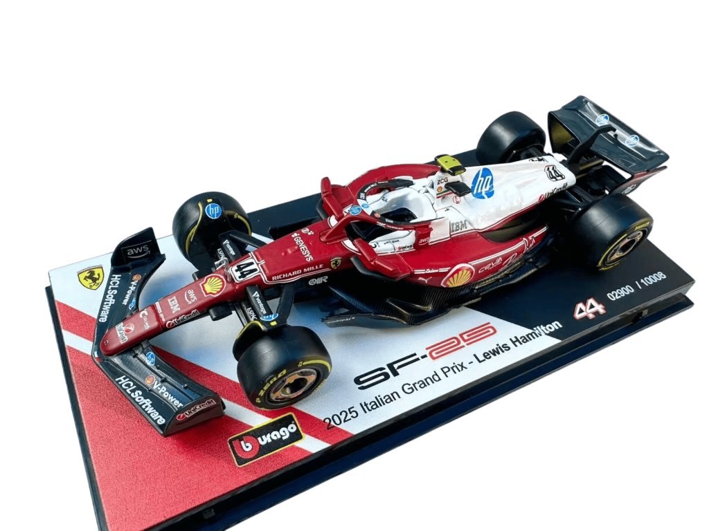 1:43 F1 2025 - Ferrari SF25 Special MonzaGP Livery #44 Lewis Hamilton in Acrylic Box Special Stand