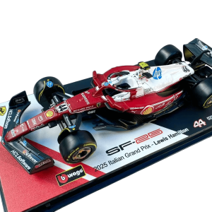 1:43 F1 2025 - Ferrari SF25 Special MonzaGP Livery #44 Lewis Hamilton in Acrylic Box Special Stand - Image 1