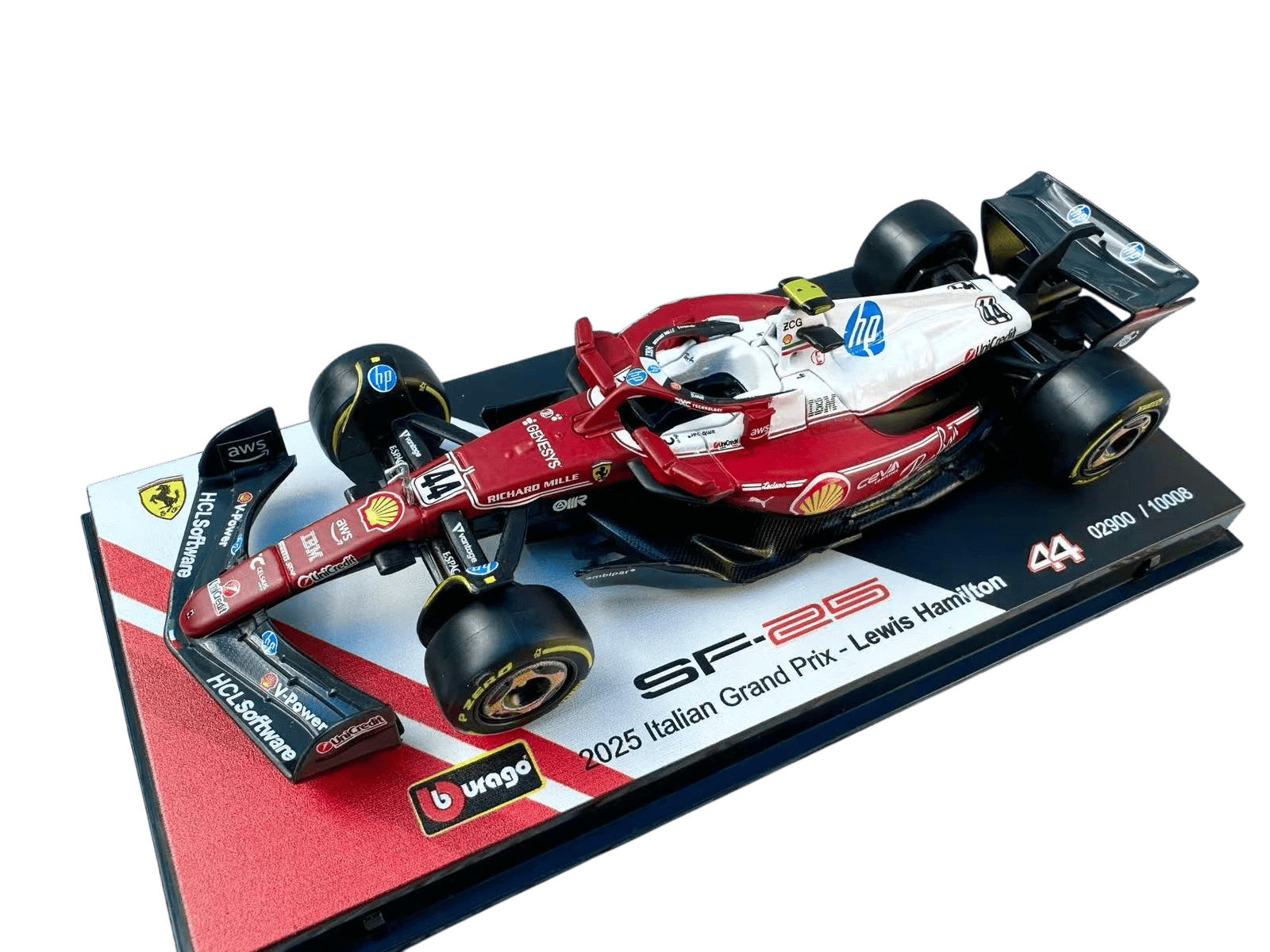 1:43 F1 2025 - Ferrari SF25 Special MonzaGP Livery #44 Lewis Hamilton in Acrylic Box Special Stand - Image 1
